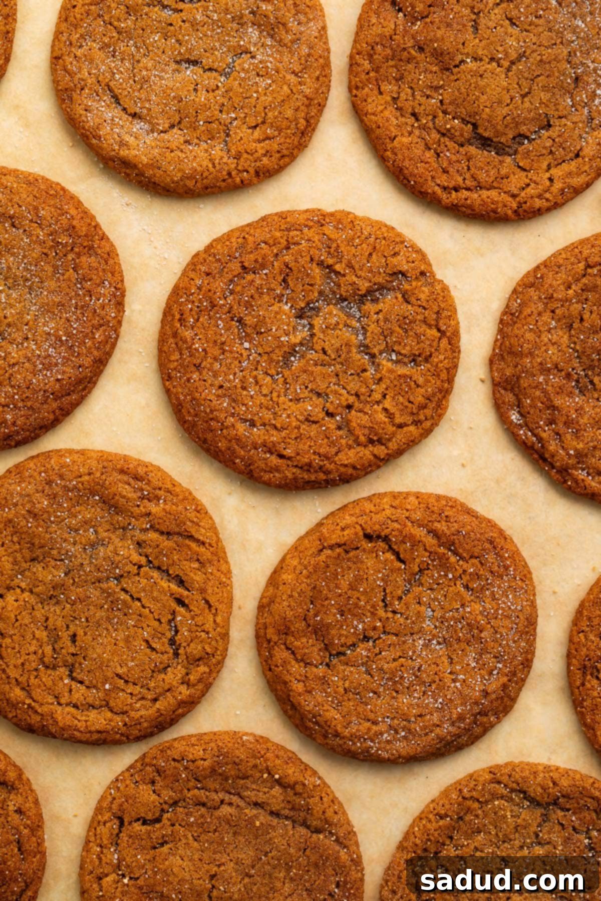 Gluten free ginger snap cookies arranged evenly on a sheet of parchment paper. 
