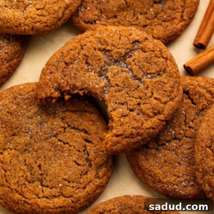 Gluten free ginger snap cookies on a sheet of parchment paper. The topmost cookie has a bite taken out of it.