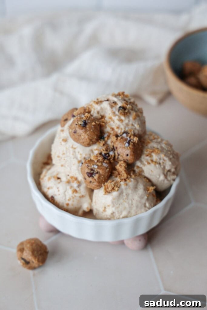 A bowl of healthy cookie dough frozen yogurt/ice cream.