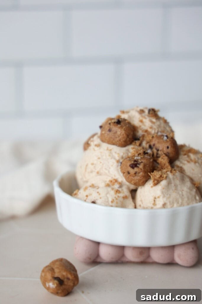 A bowl of healthy vegan, paleo ice cream with cookie dough chunks.
