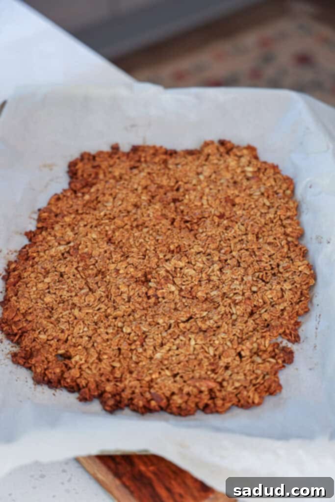 Granola after being baked and cooled, ready to be broken into clusters.