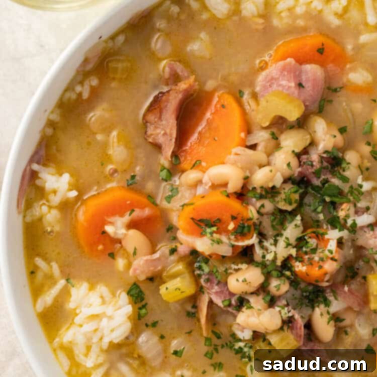 White soup bowl with smoked turkey soup, carrots, celery, and Great Northern beans