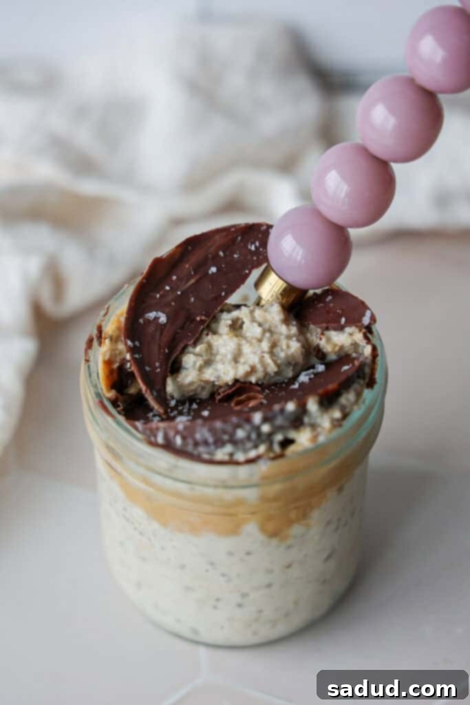 Peanut butter cup overnight oats with chocolate shell.
