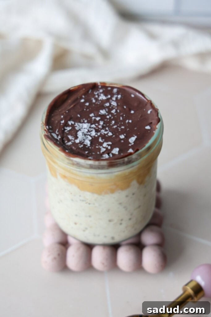 A jar of peanut butter chocolate overnight oats.