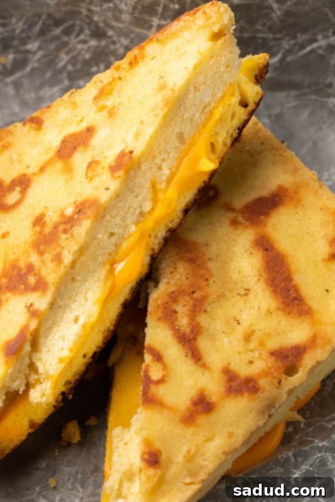 Two halves of keto grilled cheese stacked on top of each other, ready to eat