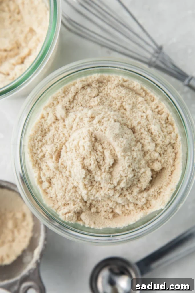 Keto flour mix in a glass jar surrounded by cooking utensils, showcasing the versatility of the blend.