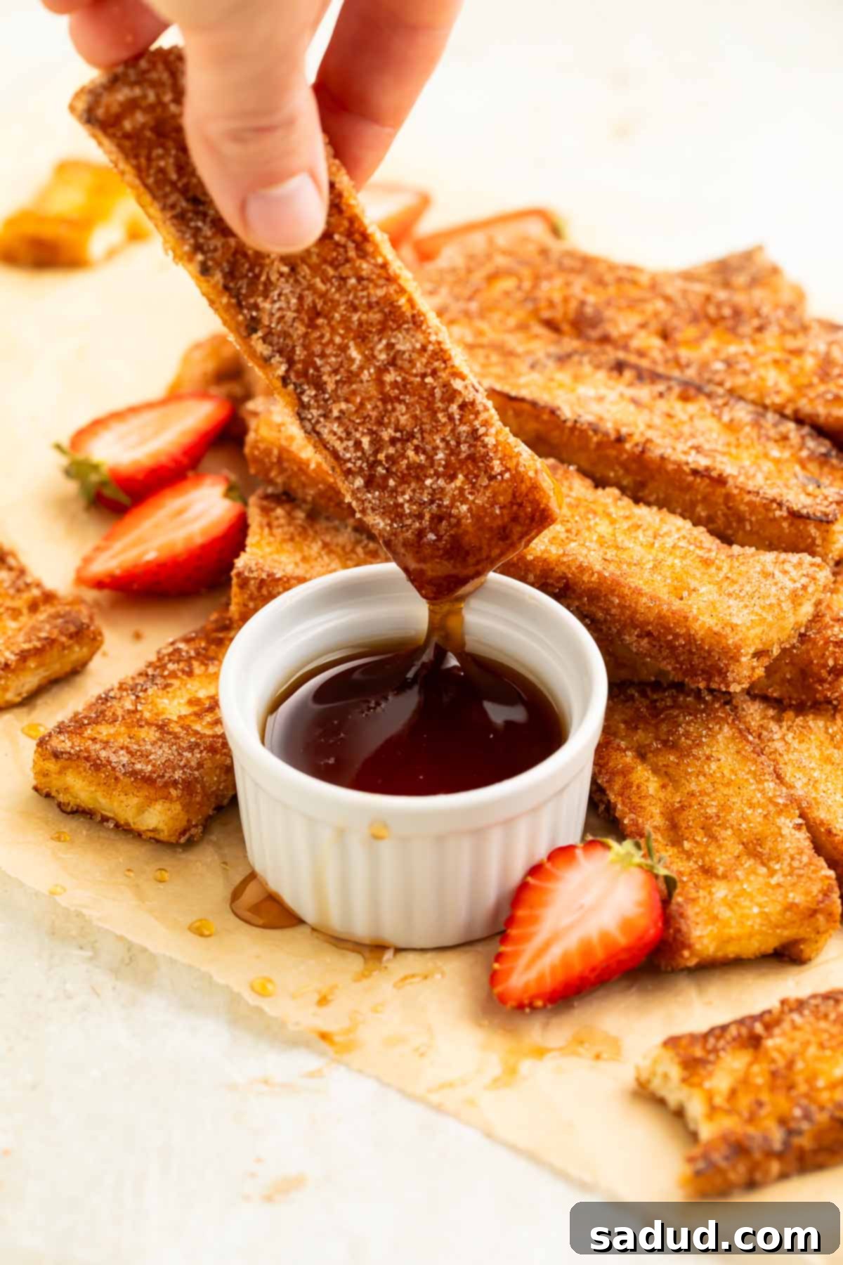 A keto french toast stick being dipped into and lifted out of a ramekin of keto maple syrup.