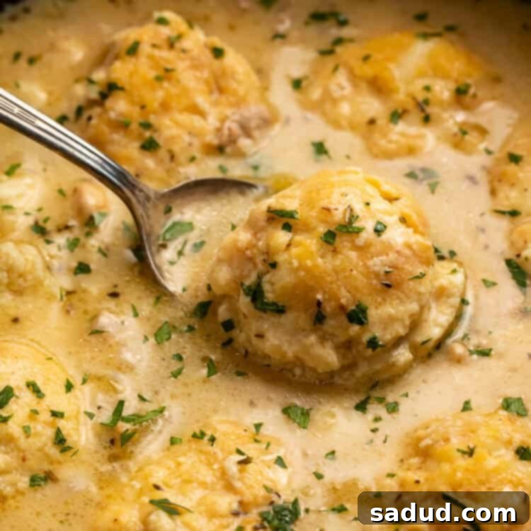 Spoon lifting a dumpling out of a Dutch oven of chicken and dumplings.