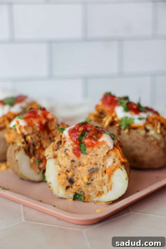 Crispy Air Fryer Twice Baked Potatoes 7 Taco stuffed twice baked potatoes made in the air fryer or oven.