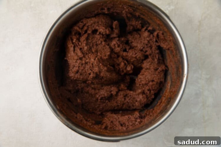 Chocolate cake batter being mixed in a silver bowl.