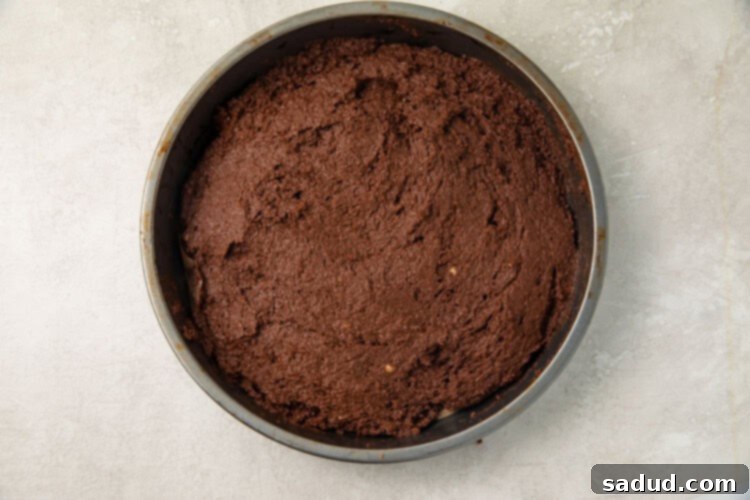 Chocolate cake batter in a silver round cake pan, ready for the oven.