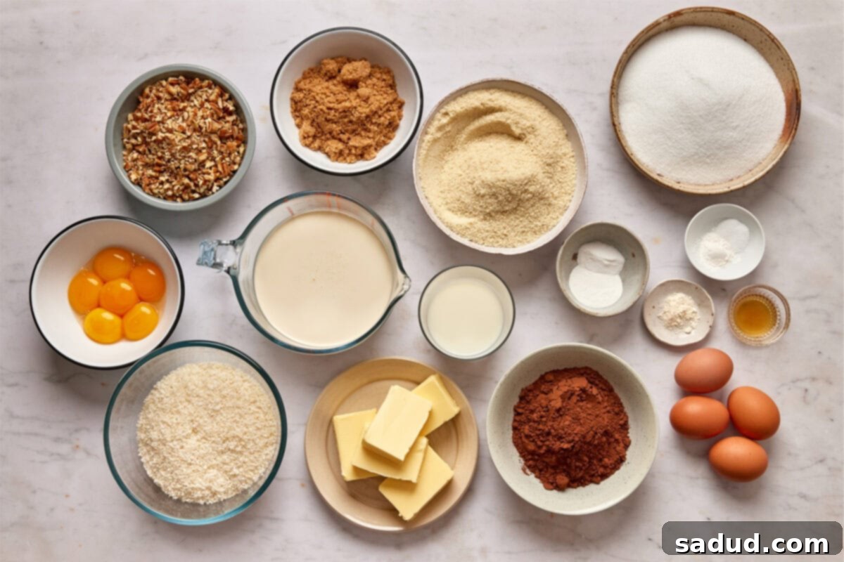 Bowls of measured ingredients, including heavy cream, Swerve, almond flour, cocoa powder, and eggs, ready to make a Keto German Chocolate Cake on a clean countertop.