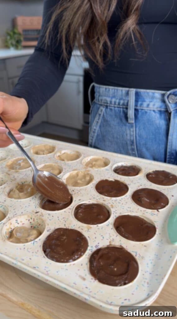 Step-by-step image of filling a silicone muffin tin with yogurt mixture and adding date balls.