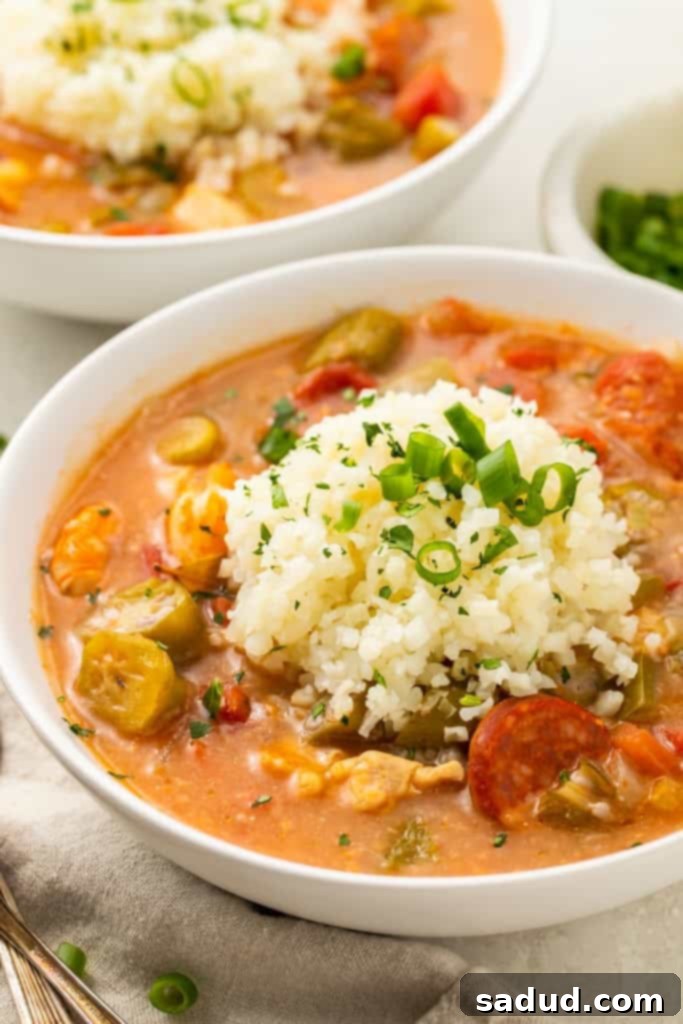 A steaming white bowl of keto gumbo, generously filled with chicken, andouille sausage, and shrimp, served over a bed of fluffy cauliflower rice, garnished with fresh green onions.