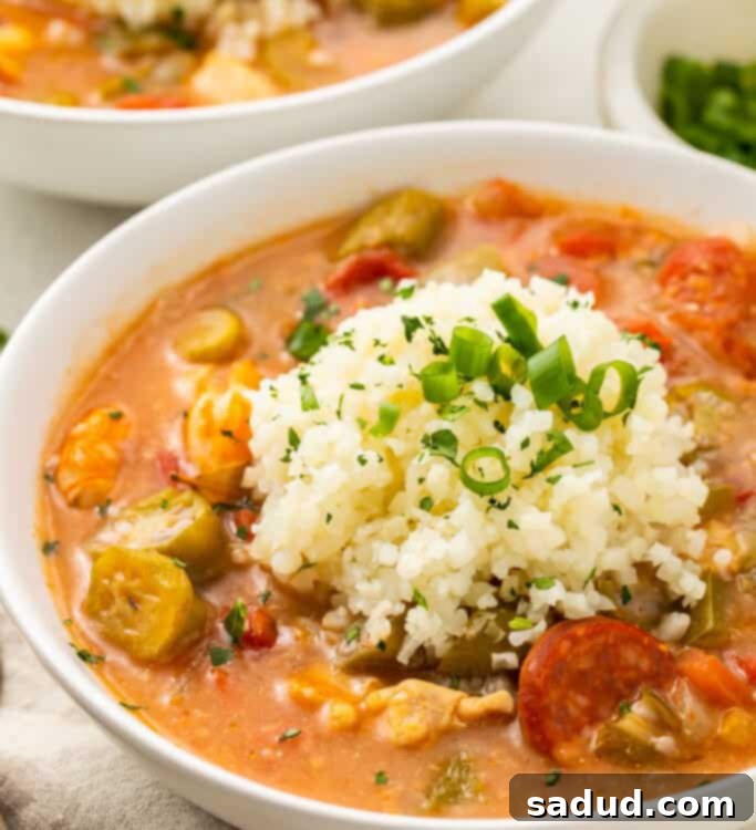 A delicious bowl of Keto Gumbo with cauliflower rice, ready to be served.