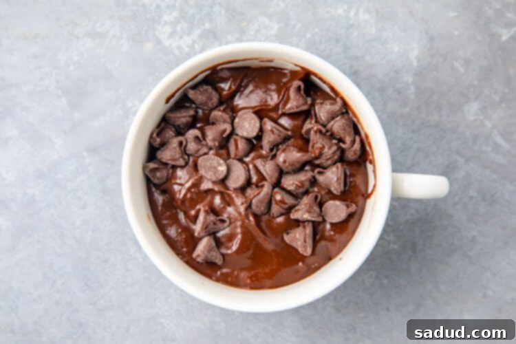 A top-down view of chocolate gluten-free mug cake batter, generously topped with chocolate chips, nestled in a pristine white mug, awaiting microwave magic.