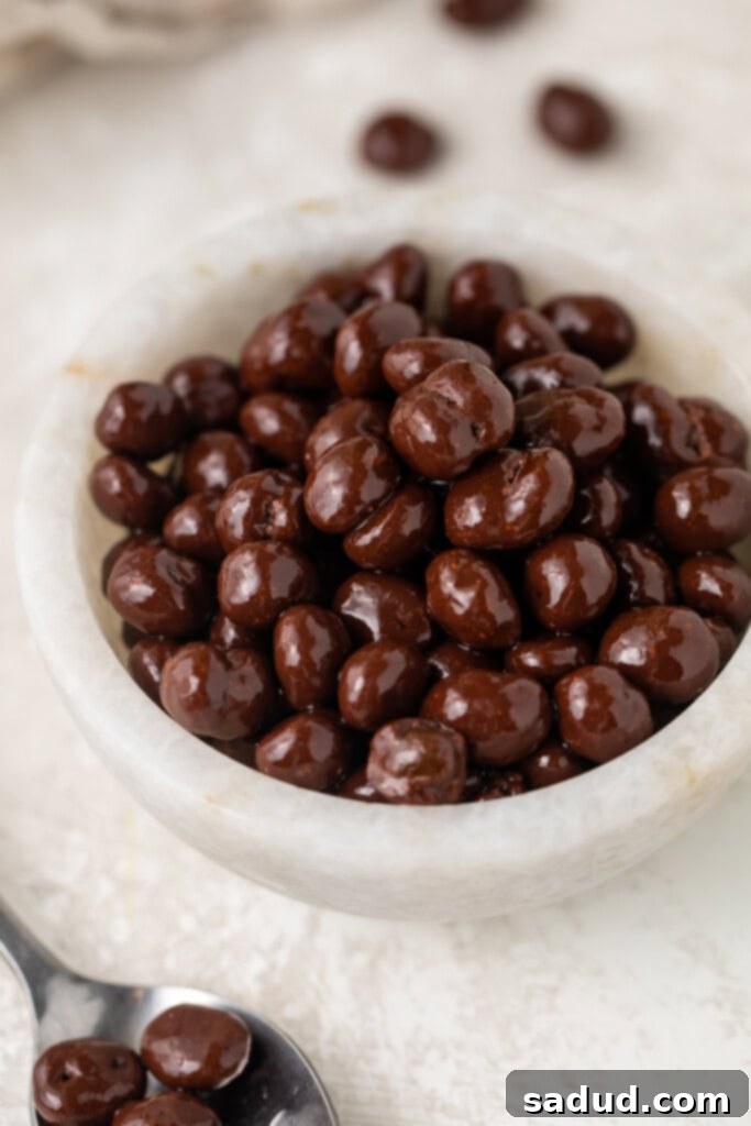 Decadent Espresso Chocolate Bites 3 Chocolate covered espresso beans in a small white bowl