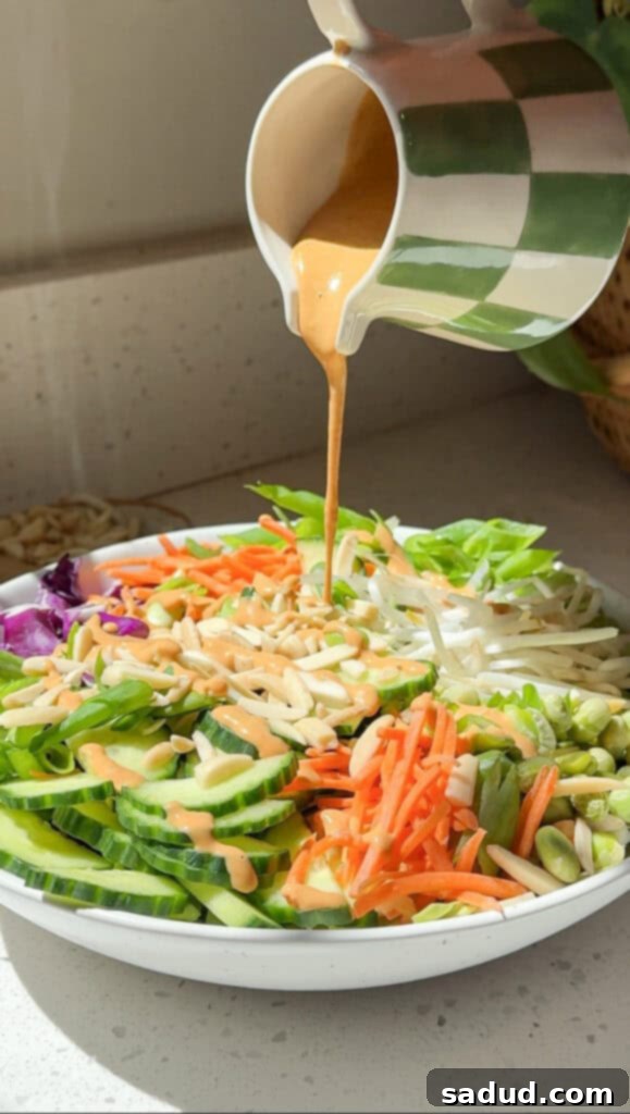Fresh Thai Peanut Crunch 2 Thai crunch salad with peanut butter dressing, showcasing colorful vegetables and a rich dressing.