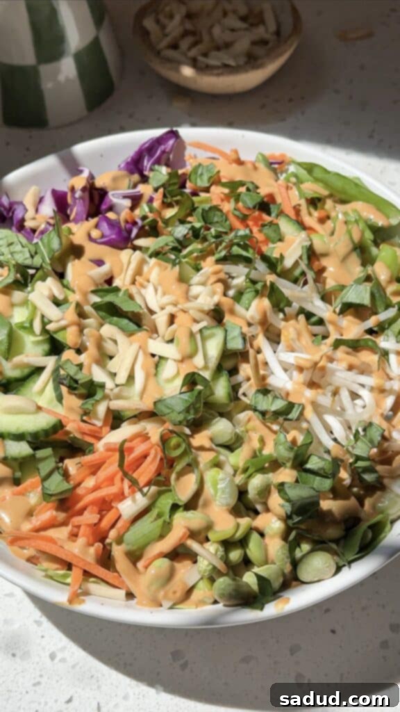 Fresh Thai Peanut Crunch 4 Thai chopped salad with peanut butter sesame dressing, plated and ready to eat.