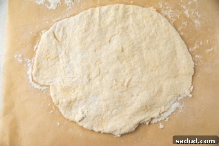 Flattened biscuit dough on parchment paper