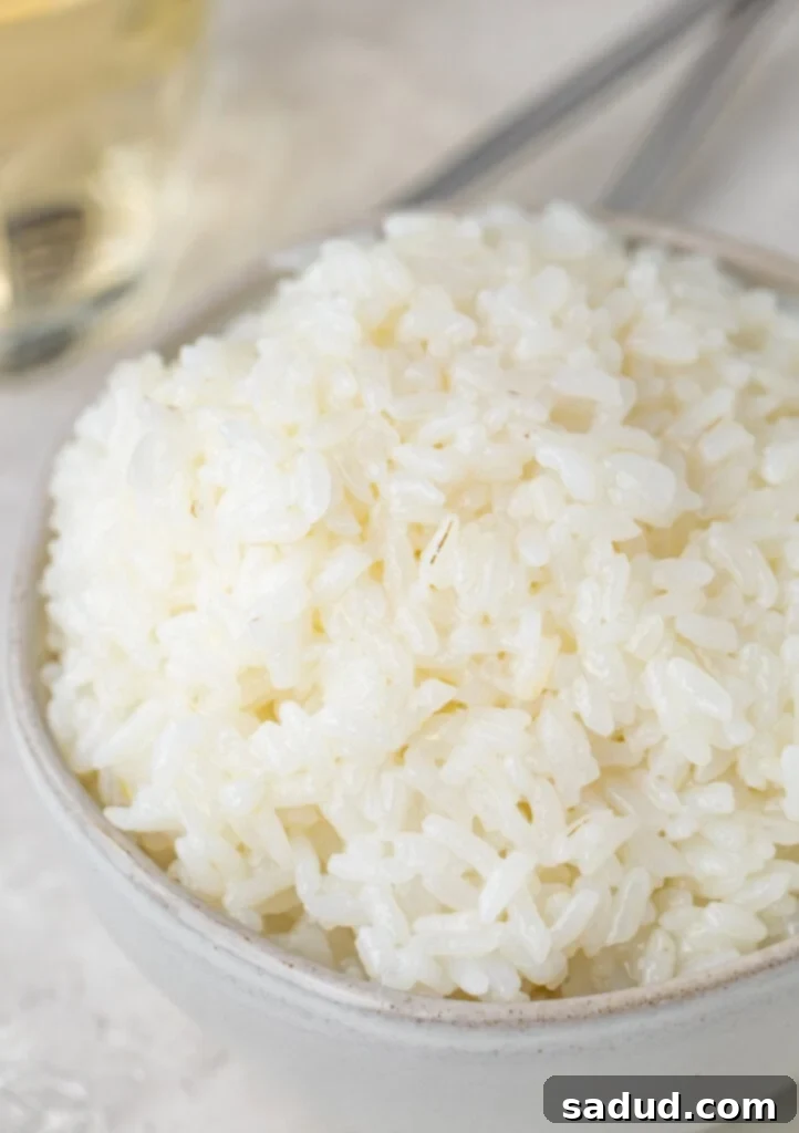 White sushi rice in a small silver bowl, taken from the side