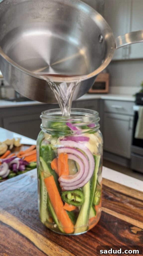 Two jars of quick pickled vegetables, with fresh ingredients in the foreground, demonstrating how to make them.