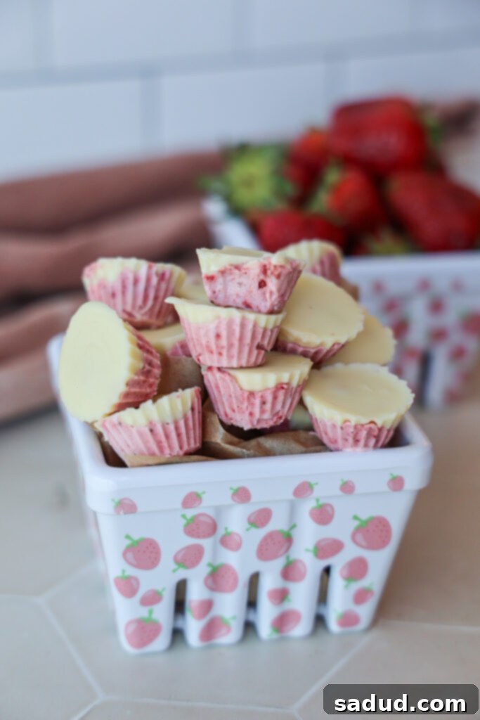 A bowl of strawberry yogurt clusters, showcasing their appealing texture and chocolate drizzle.