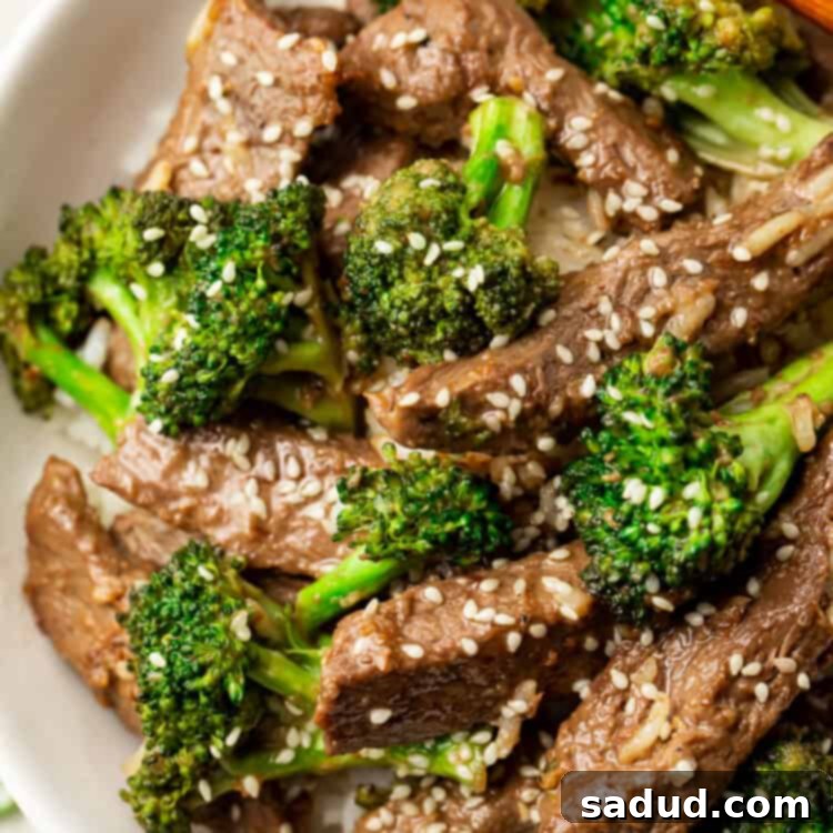 Homemade Beef with Garlic Sauce with broccoli and sesame seeds