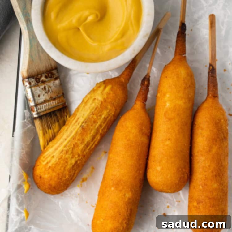 Air Fryer Corn Dogs 4 Air fryer corn dogs on a tray