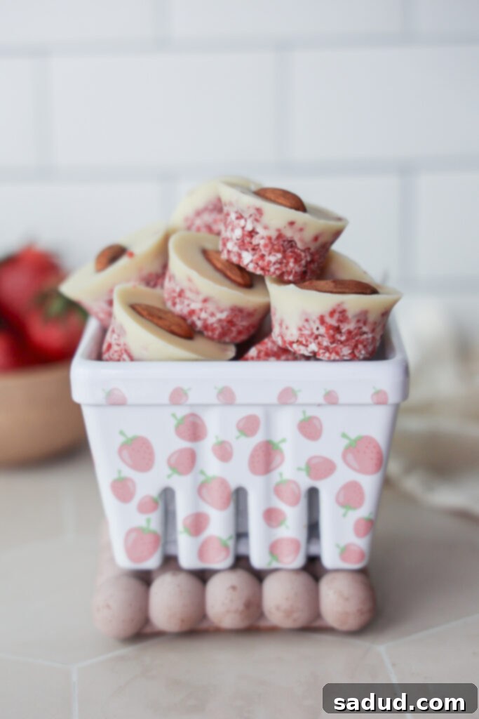 A bowl of strawberry coconut balls topped with white chocolate.
