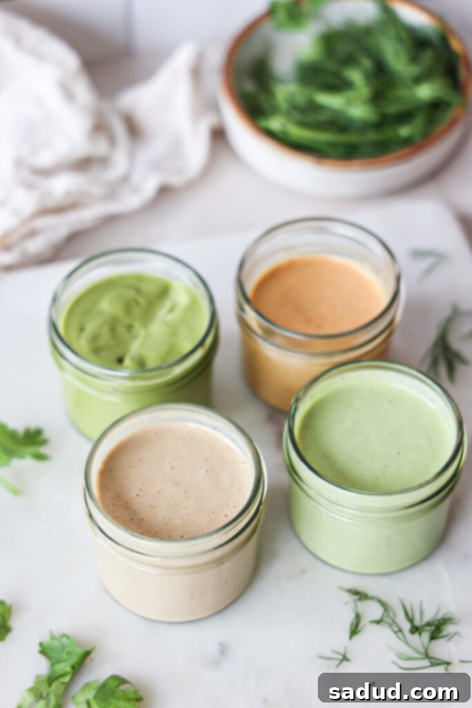Peanut butter dressing, tahini sauce, cilantro lime salad dressing, sweet and spicy tahini dressing. A collection of healthy homemade salad dressings.