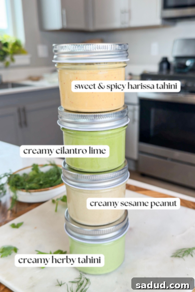 Four healthy homemade salad dressings: creamy herby tahini, cilantro lime, sweet & spicy tahini, and creamy sesame peanut dressings.