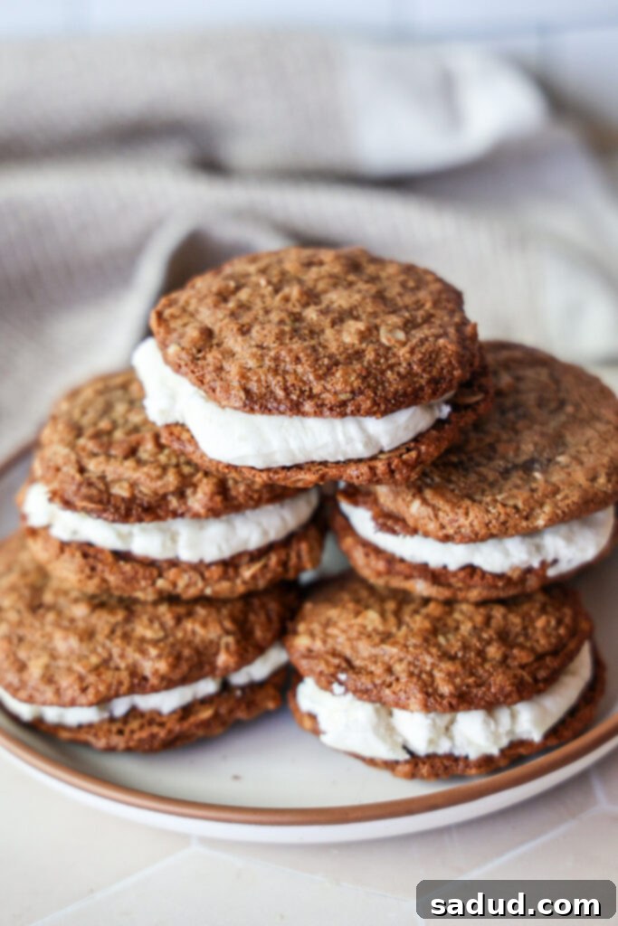 A plate of gluten-free and dairy-free oatmeal creme pies, highlighting their soft texture and creamy filling.