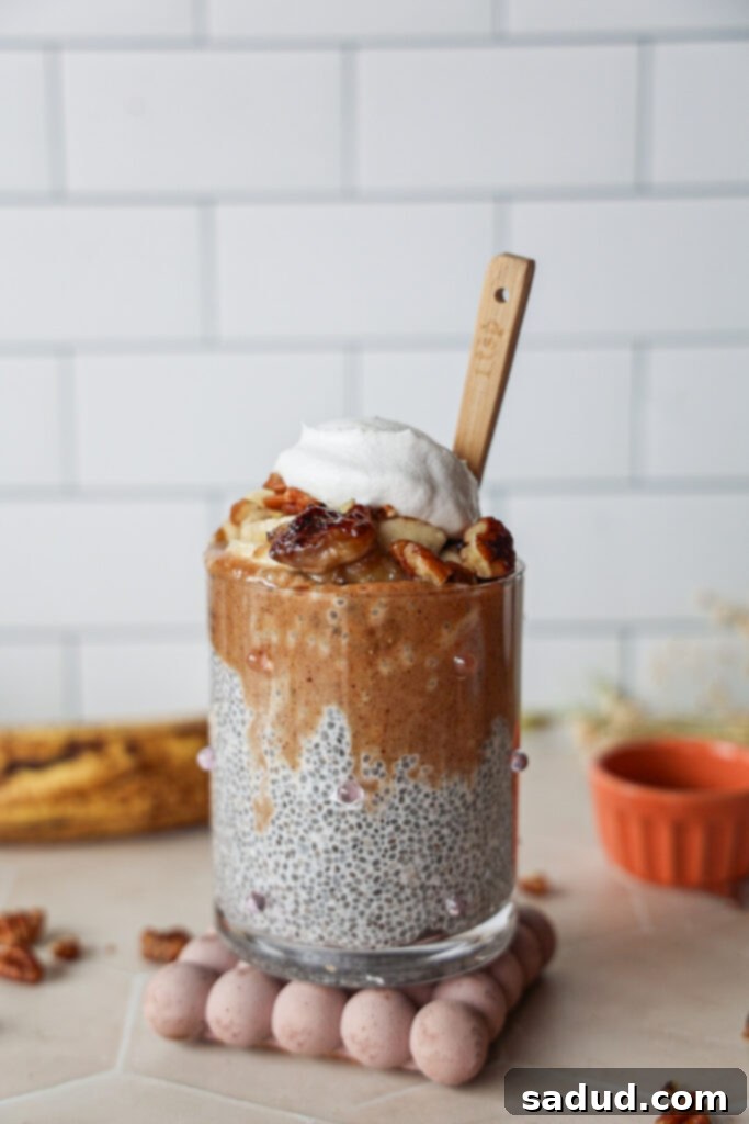 Creamy Banana Chia Pudding layered with caramelized bananas and almond butter caramel, ready to be enjoyed as a healthy breakfast.