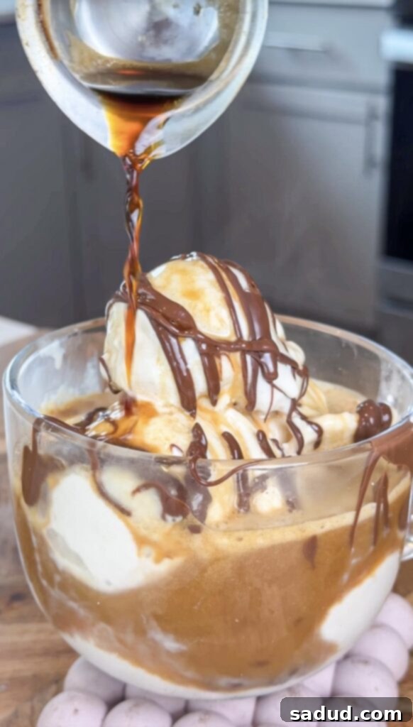 Protein Rich Vegan Affogato Homemade 2 A delicious homemade affogato with a drizzle of chocolate and a sprinkle of sea salt, showcasing the creamy ice cream and rich espresso.