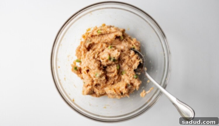 Chicken gyoza filling in a large glass mixing bowl
