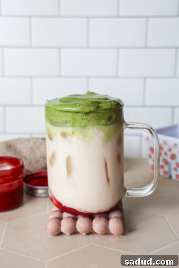 dalgona Matcha with strawberry syrup