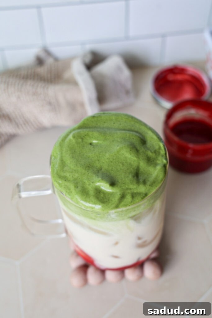 dalgona Matcha with strawberry syrup