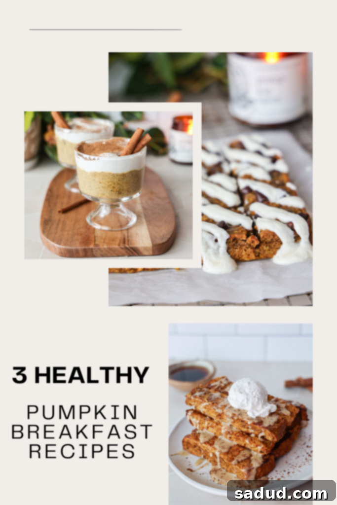 Collection of healthy pumpkin breakfast recipes including chia pudding, french toast, and baked oatmeal.