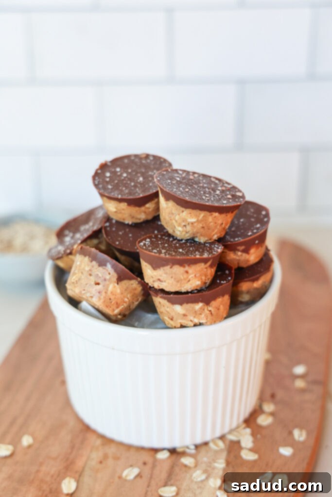 A bowl of delectable no-bake peanut butter chocolate oat cups, perfectly portioned and ready to enjoy.