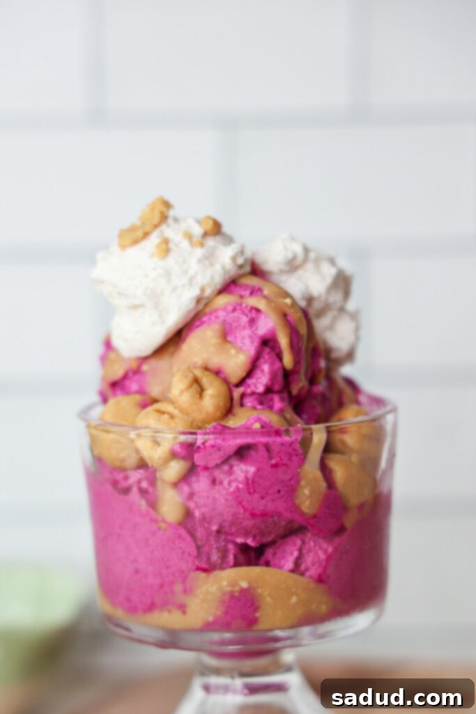 a bowl of dragonfruit ice cream with peanut butter cookie dough chunks and whipped cream.