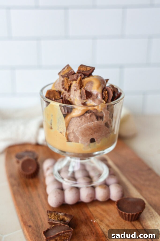 Creamy vegan protein peanut butter cup ice cream in a bowl, topped with magic shell and a whole peanut butter cup.