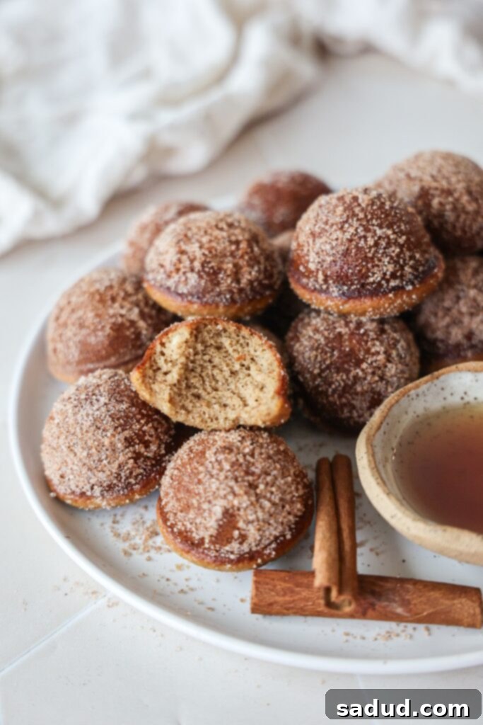 Paleo Pancake Poppers 2 A Plate of cinnamon sugar pancake puffs with maple syrup drizzled over them.