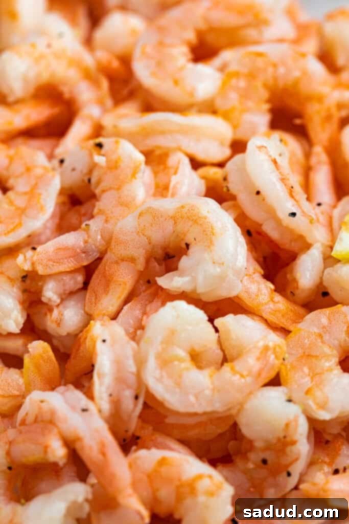 Close up image of a pile of cooked shrimp.