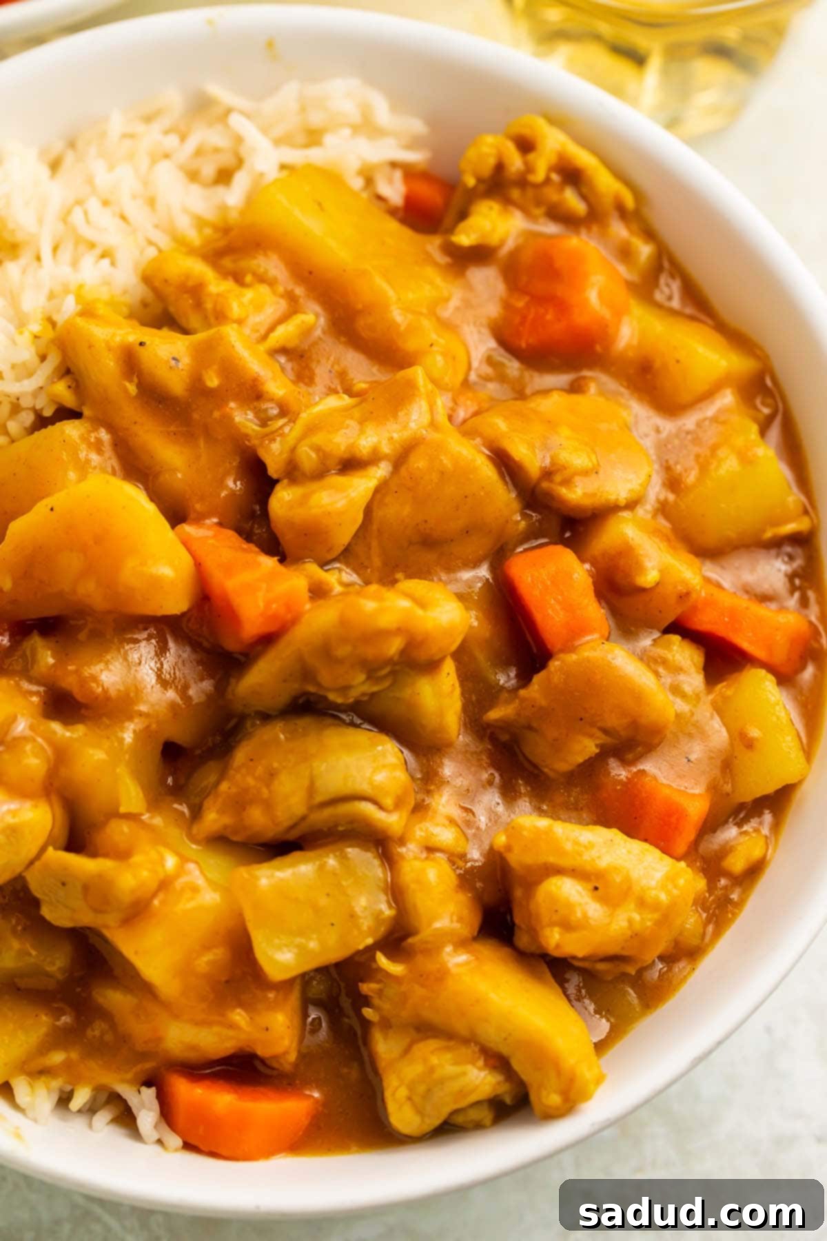 A close-up look at Instant Pot Japanese curry in a large bowl with white rice.