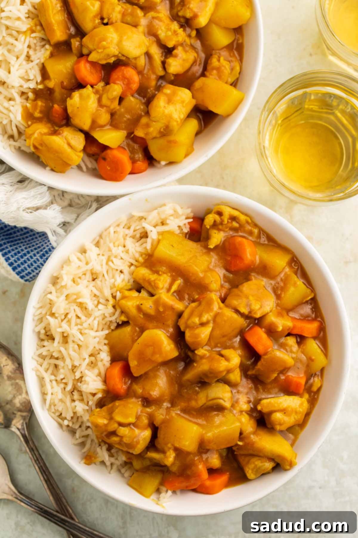 Two bowls of Instant Pot Japanese curry with white rice on a table.
