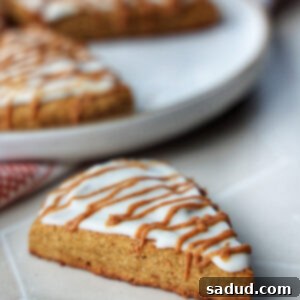 Gluten-Free Harvest Pumpkin Scones 4 Gluten-Free Pumpkin Scones with Maple Glaze, finished with a drizzle