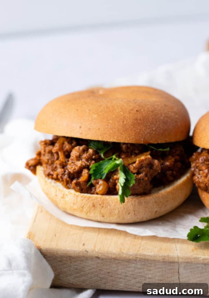 Close up of a keto sloppy joe on a keto hamburger bun