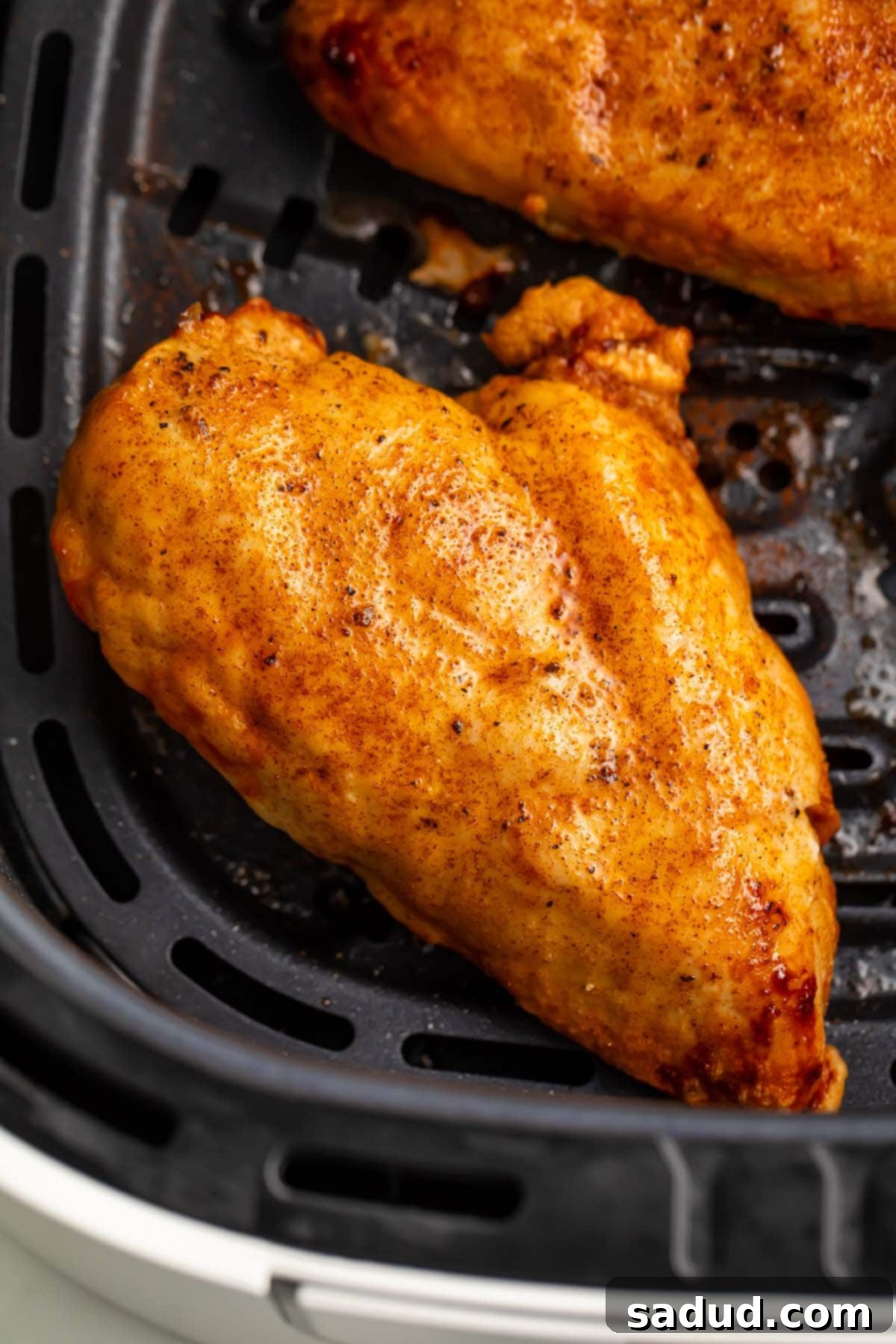 A previously frozen boneless, skinless chicken breast placed directly into an air fryer basket, ready to be cooked.