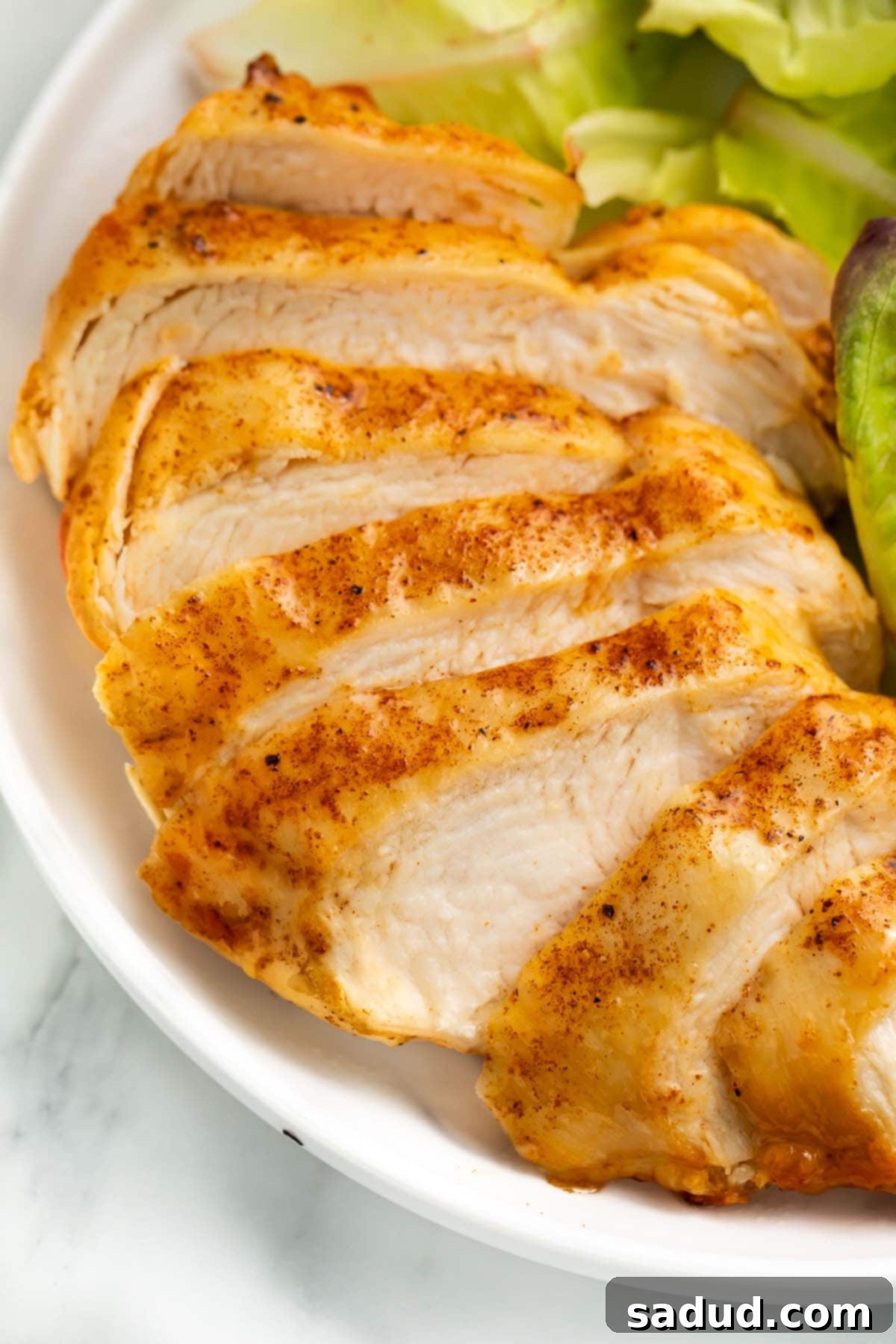 A perfectly cooked frozen chicken breast, sliced and arranged on a white plate with a fresh side salad and a light sauce.